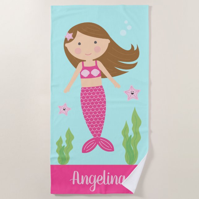 Serviette de plage de Mermaid| Cheveux Brown léger (Devant)