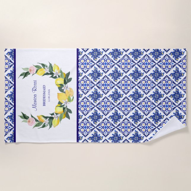 Serviette De Plage Demoiselle d'honneur Carreaux italiens bleus Lemon (Devant)