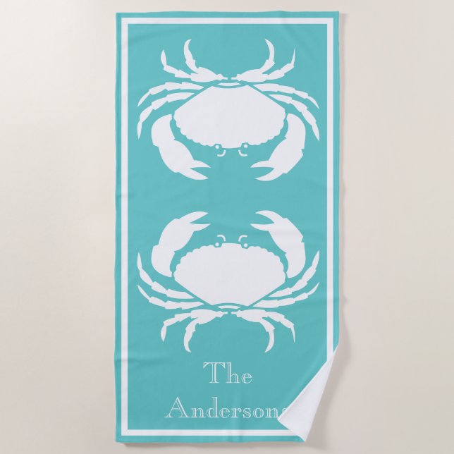 Serviette De Plage Design nautique avec crabe blanc sur bleu Turquois (Devant)