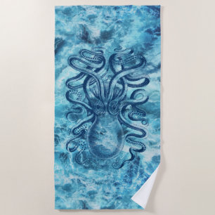 Serviette De Plage Dessin Vintage Graphique Blue Sea Waves & Octopus