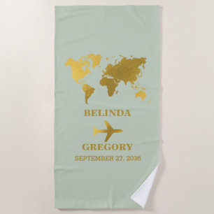 Serviette De Plage Destination Mariage Monde Passport Sage Vert Or