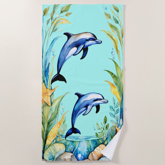 Serviette De Plage Deux dauphins Aquarelle tropicale Océan (Devant)