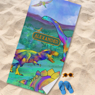 Serviette De Plage Dinosaures colorés Nom du paysage jurassique
