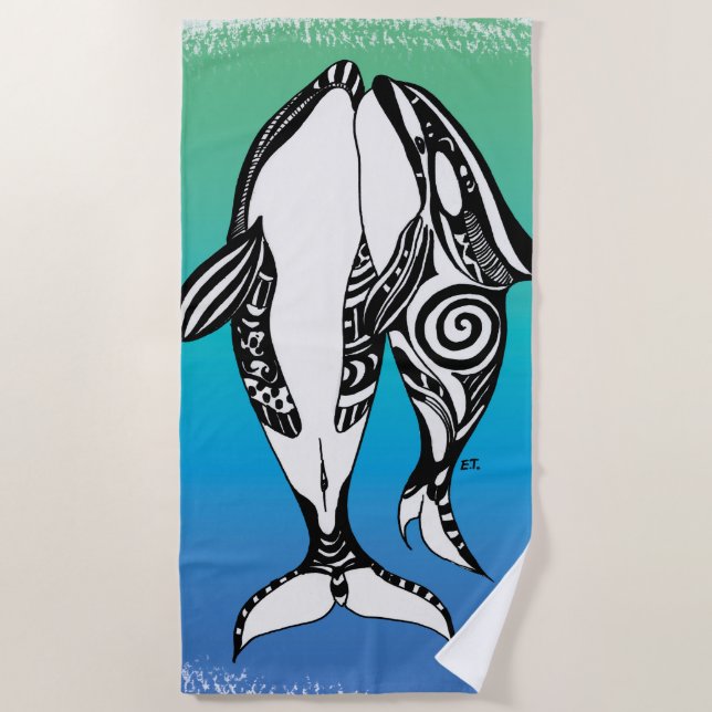 Serviette De Plage Doodle Tribal de deux Orca Killer Whales Turquoise (Devant)