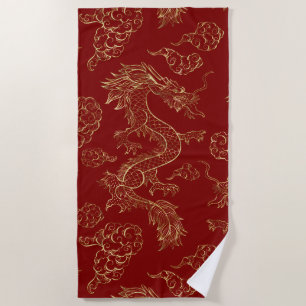 Serviette De Plage Dragon chinois or et rouge foncé