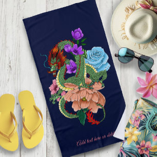 Serviette De Plage Dragon Chinois Vert Mystique Floral Bleu Marine