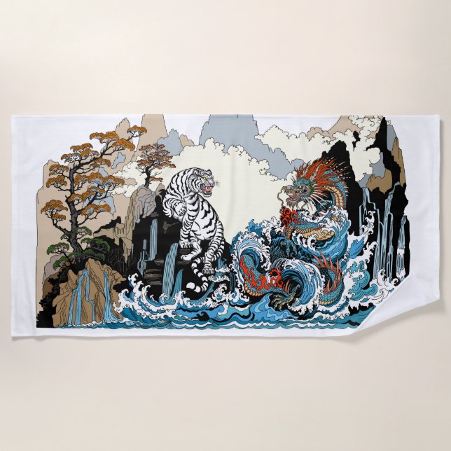 Serviette De Plage Dragon d'azur et Tigre blanc. Illustration (Devant)