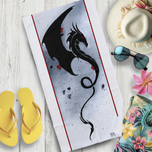Serviette De Plage Dragon tribal noir gras rouge et bleu fleurs