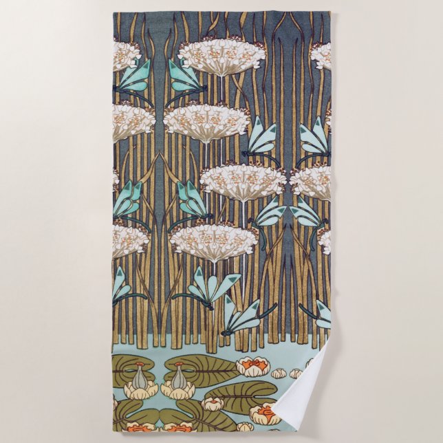 Serviette De Plage Dragonflies Water Lilies Marais Art Nouveau (Devant)