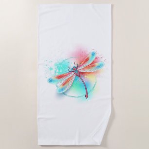 Serviette De Plage Dragonfly rouge sur l'arrière - plan aquarelle