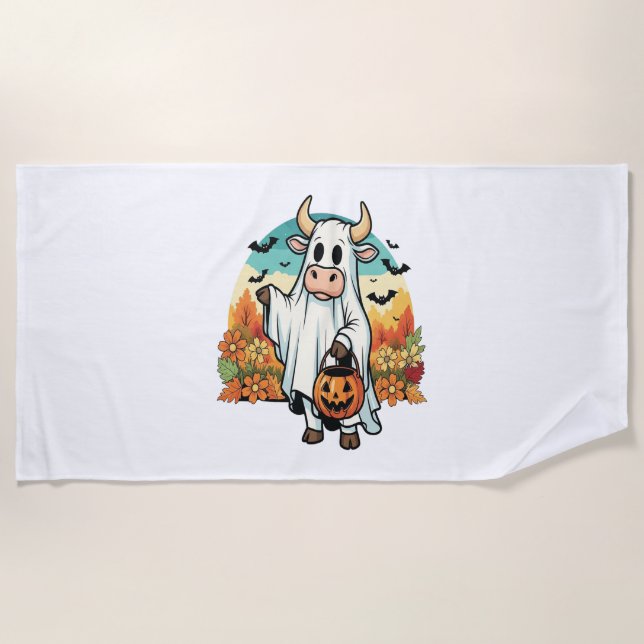 Serviette De Plage Drôle vache fantôme d'Halloween (Devant)