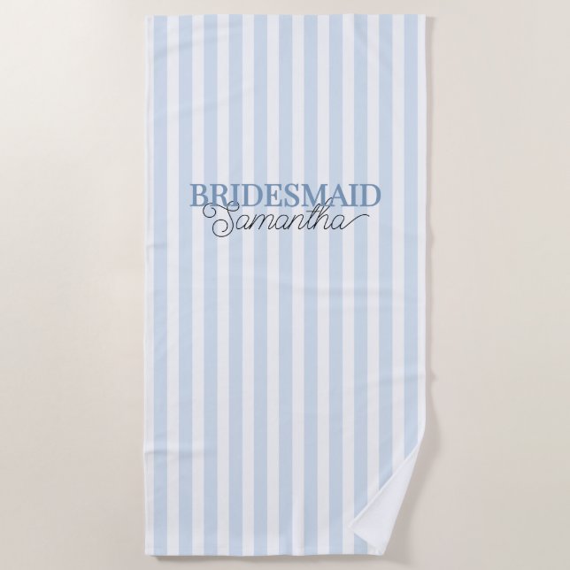 Serviette De Plage Dusty Blue Striped Nom personnalisé Bridesmaid (Devant)