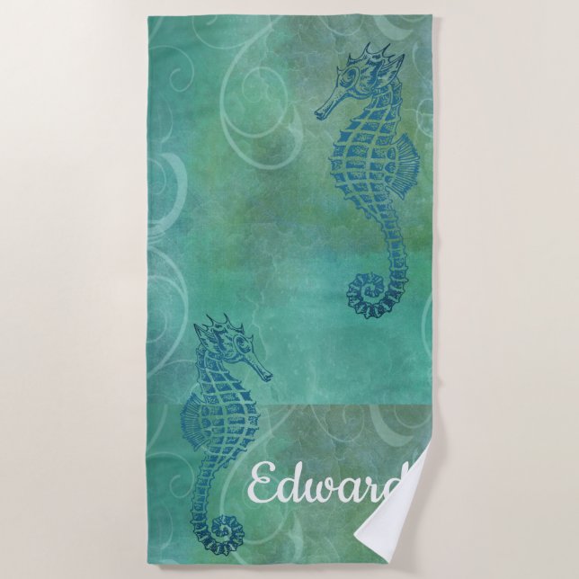 Serviette De Plage Eaux Bleues, Seahorse & Flourish (Devant)