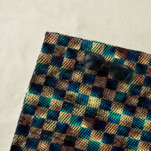 Serviette De Plage Échecs sales et effet rayé, bleu et jaune (En situation)