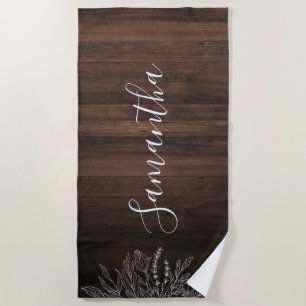 Serviette De Plage Éclairage à cordes de bois rustique Script personn