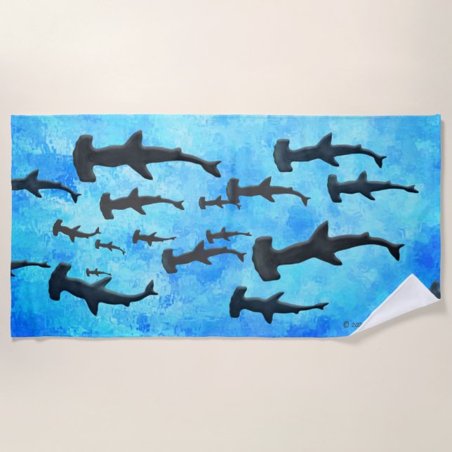 Serviette De Plage École de requins à tête de marteau à Silhouette (Devant)