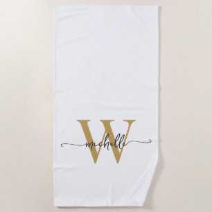 Serviette De Plage Écriture de nom de monogramme en or blanc moderne