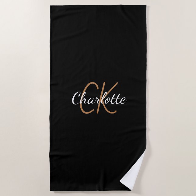Serviette De Plage Écriture de nom du monogramme en or noir (Devant)