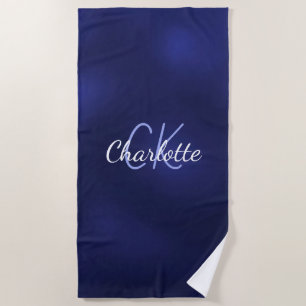 Serviette De Plage Écriture initiale du mongramme blanc bleu marine
