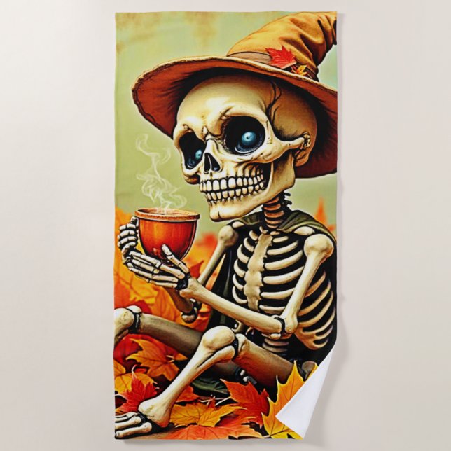 Serviette De Plage Éffrayant Automne Skeleton's Coffee Break Design (Devant)