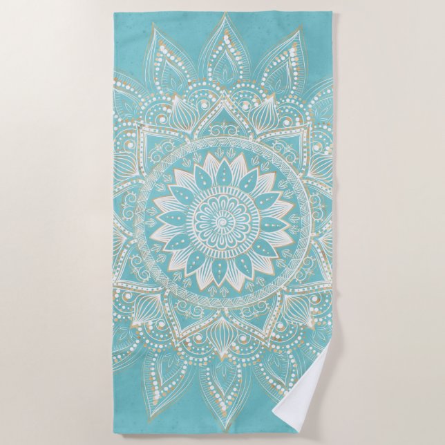 Serviette De Plage Elégant Blanc Gold Mandala Sky Blue Design (Devant)