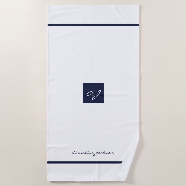 Serviette De Plage Elégant blanc marine moderne nom monogrammé (Devant)
