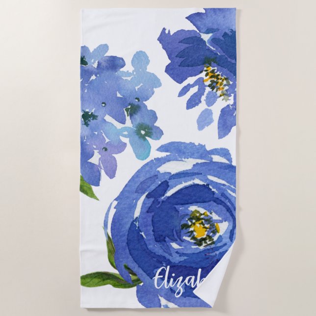 Serviette De Plage Elégant bleu floral Peony Aquarelle personnalisée (Devant)