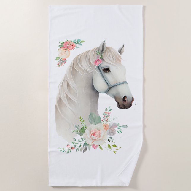 Serviette De Plage Élégant Boho Cheval Blanc Floral (Devant)