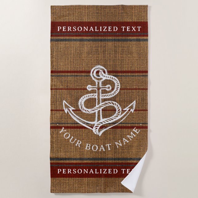 Serviette De Plage Élégant Burlap Ancre Nautique Nom de bateau Person (Devant)