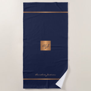 Serviette De Plage Elégant chic marine or moderne monogrammed rayures