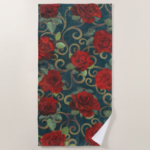 Serviette De Plage Elégant Classy Damask Vintage Chic Turquoise Roses