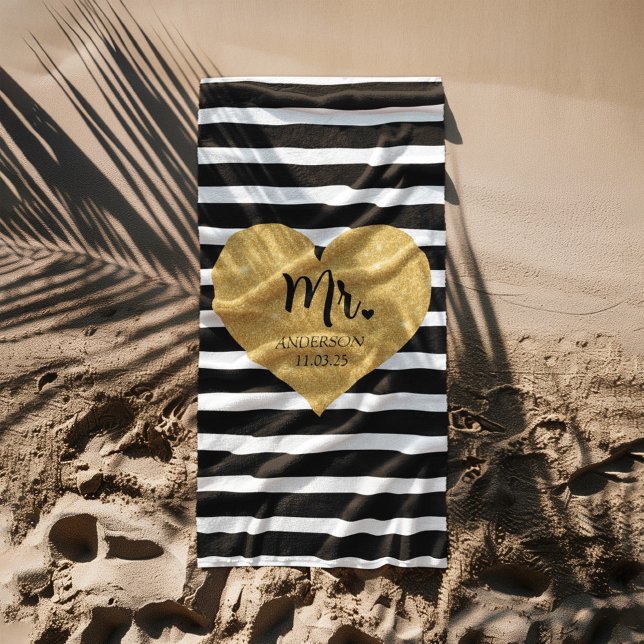 Serviette De Plage Elégant Coeur d'Or Grandes Noires Juste Marié (Créateur téléchargé)