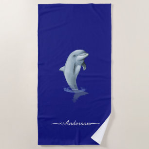 Serviette De Plage Élégant dauphin moderne et écriture sur fond bleu