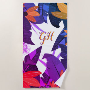 Serviette De Plage Élégant feuillage tropical violet orange monogramm