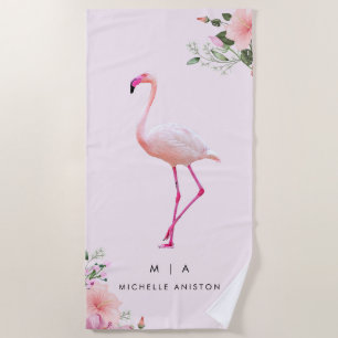 Serviette De Plage Élégant Flamant rose blanc rose   Monogramme perso