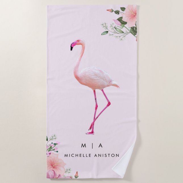 Serviette De Plage Élégant Flamant rose blanc rose | Monogramme perso (Devant)