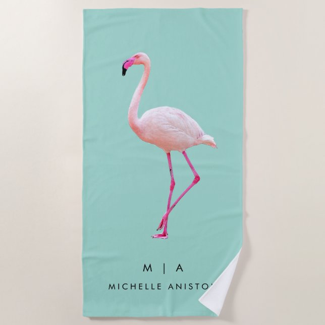 Serviette De Plage Élégant Flamant rose vert rose | Monogramme person (Devant)