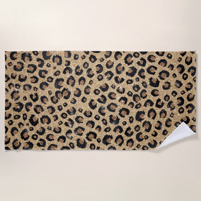 Serviette De Plage Elegant Gold Glitter Black Leopard Print (Devant)