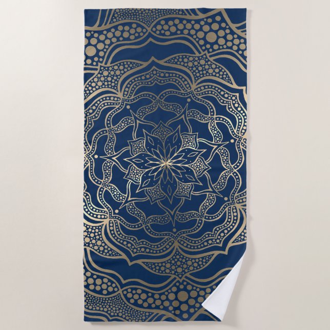 Serviette De Plage Elégant Mandala Art Boho Gold et Navy Blue Luxury (Devant)