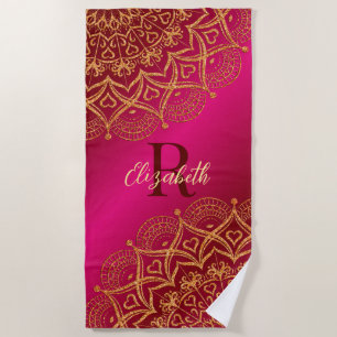 Serviette De Plage Élégant Mandala Rose chaud Monogramme été