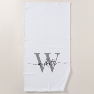 Serviette De Plage Élégant Moderne Blanc Gris Monogramme Nom Script