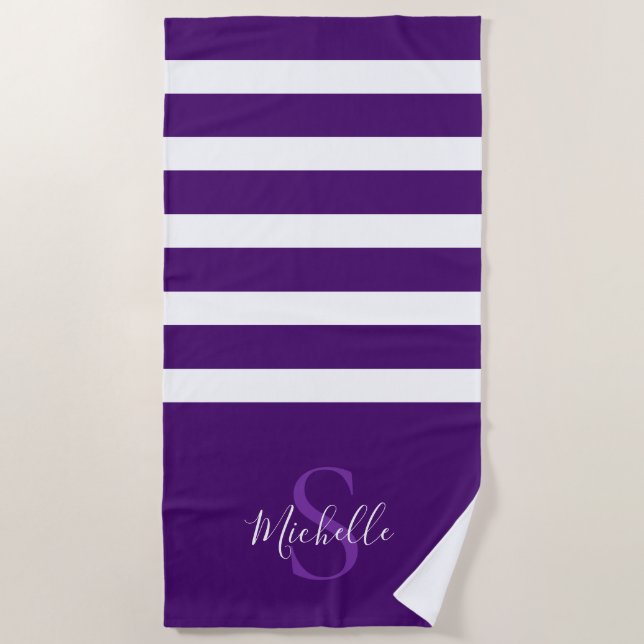 Serviette De Plage Élégant moderne violet simple rayé Nom du monogram (Devant)