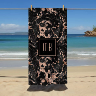 Serviette De Plage Élégant Monogramme Rose Gold Marbre noir