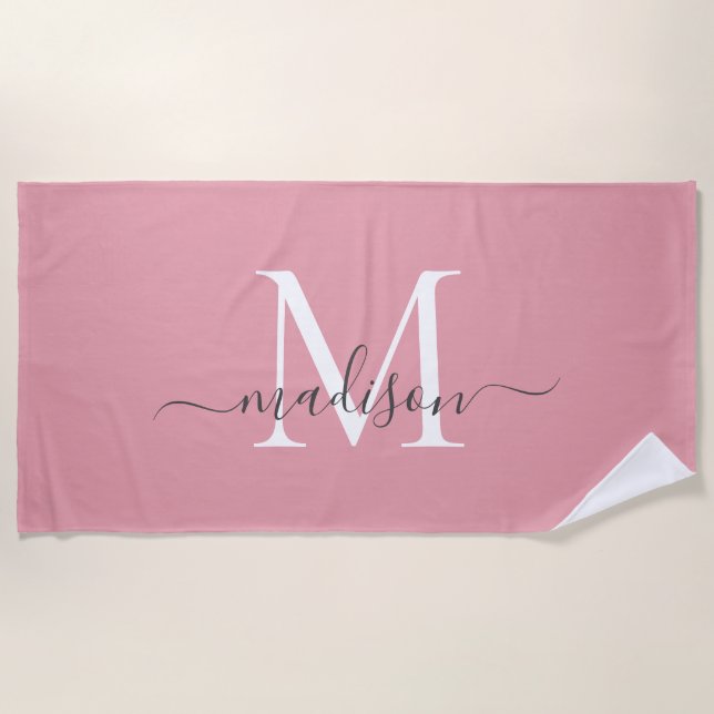 Serviette De Plage Élégant Monogramme rose vif Feminine Gris Script (Devant)