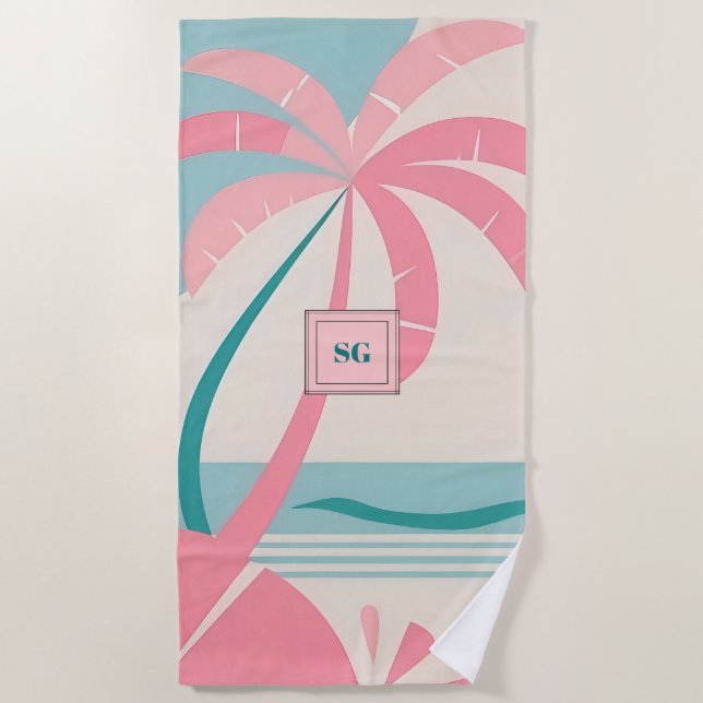 Serviette De Plage Élégant monogramme turquoise rose tropical minimal (Devant)