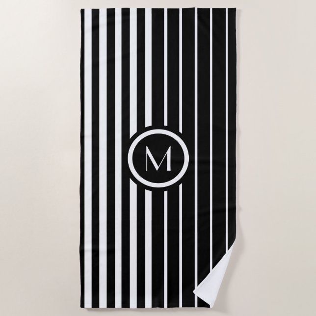 Serviette De Plage Élégant monogrammed noir et blanc rayures (Devant)