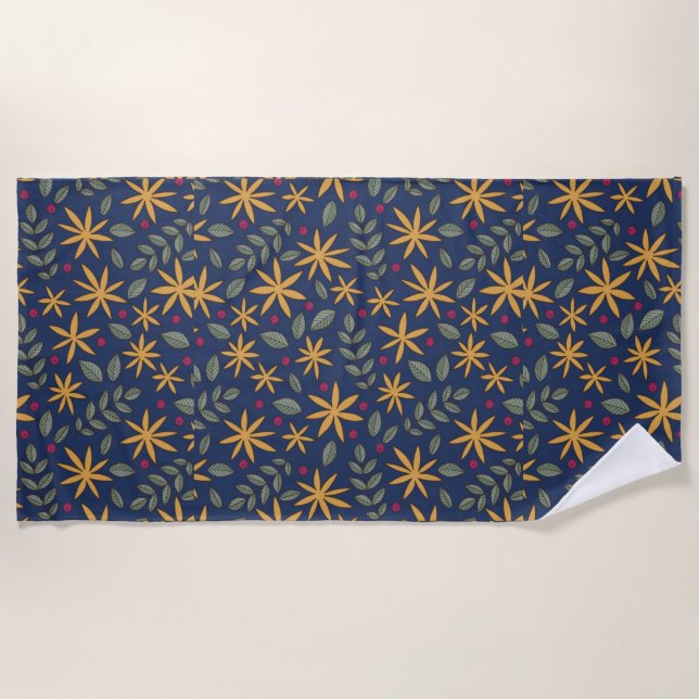 Serviette De Plage Elégant motif floral jaune sur bleu (Devant)