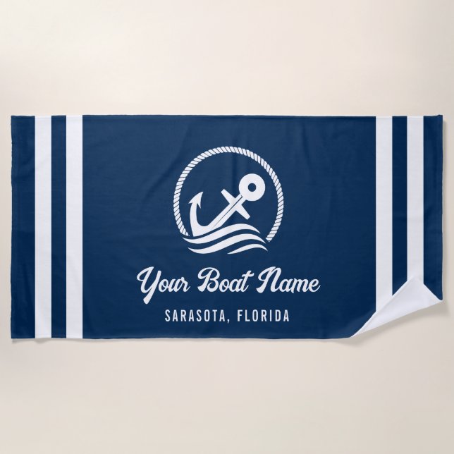 Serviette De Plage Elégant Nautical Navy Blue Custom Nom du bateau (Devant)