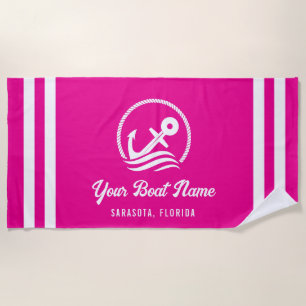 Serviette De Plage Elégant Nautique Hot rose Nom de bateau personnali