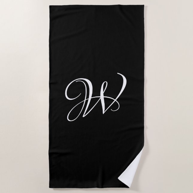 Serviette De Plage Élégant noir blanc script personnalisé monogramme (Devant)